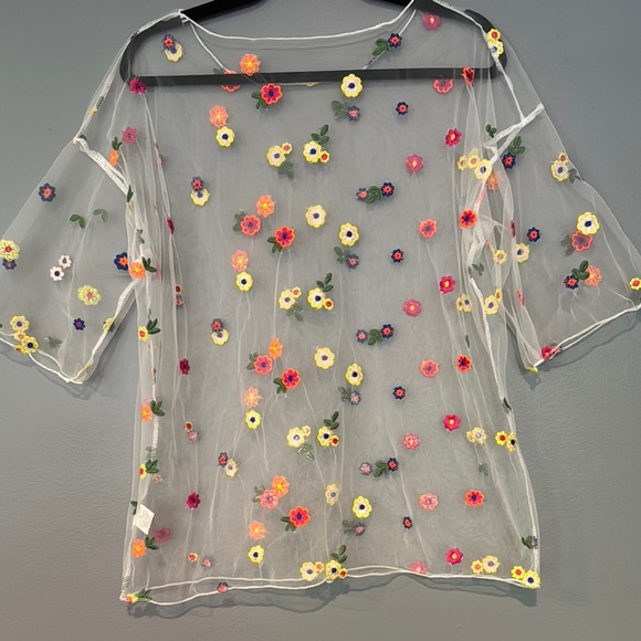 SHEIN Pink and Blue Sheer Embellished 3/4 Sleeve Blouse - Picture 3 of 6